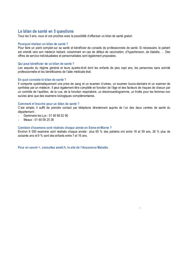 Articles novembre 2015-le bilan de santé en 5 questions pour publication
